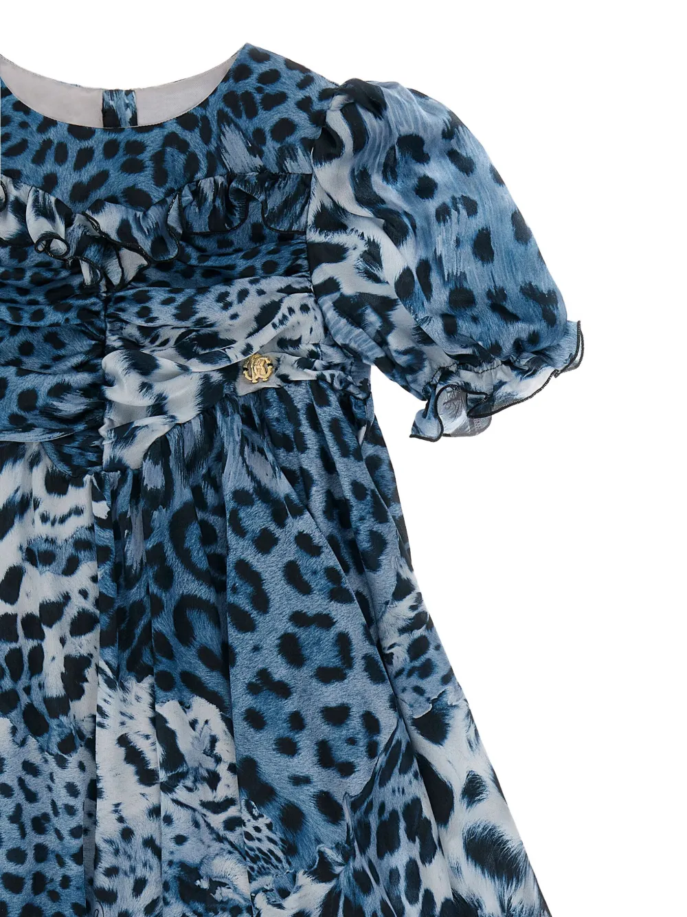 Roberto Cavalli Junior Jurk met luipaardprint en ruches Blauw