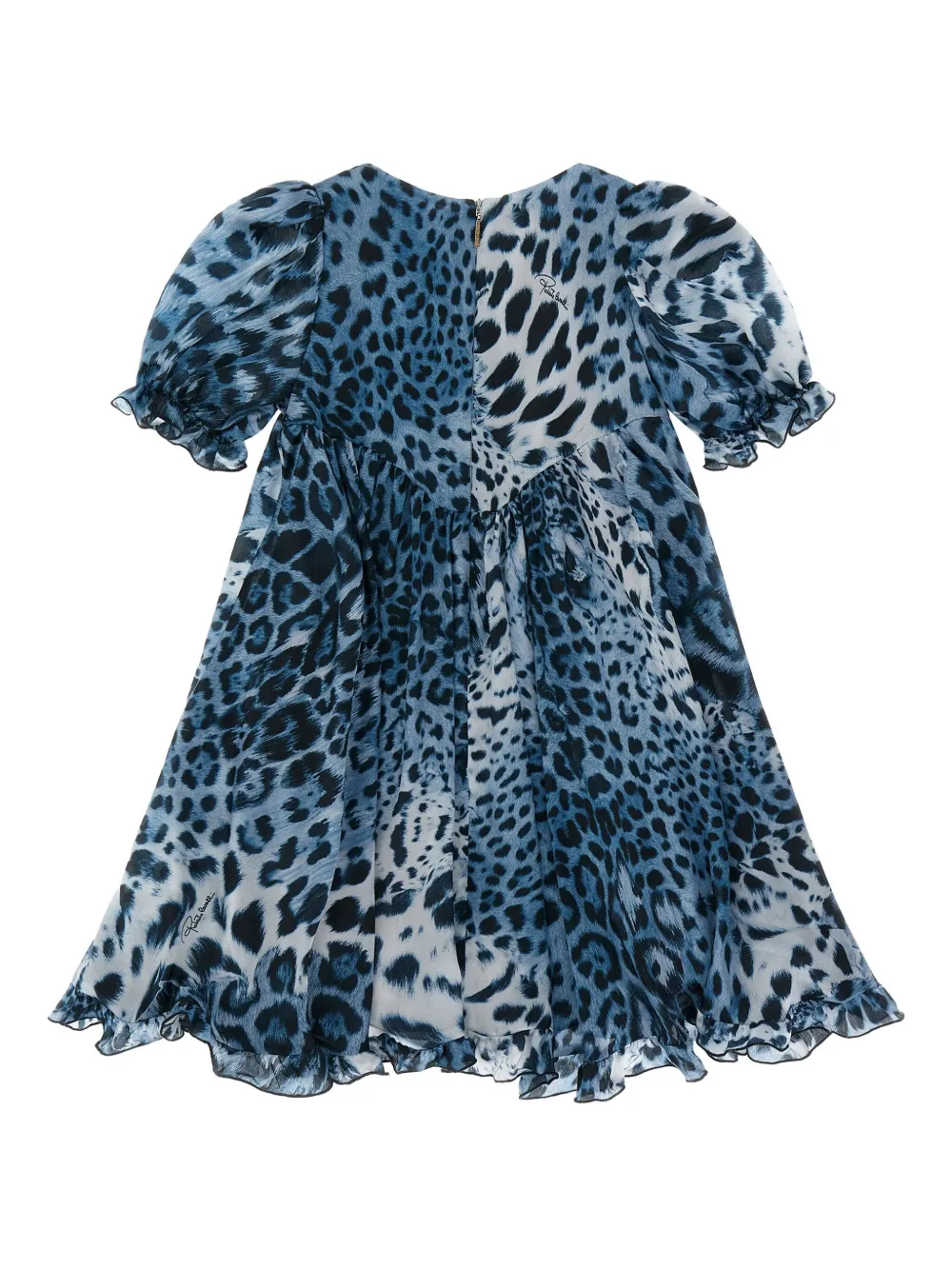 Roberto Cavalli Junior Jurk met luipaardprint en ruches Blauw