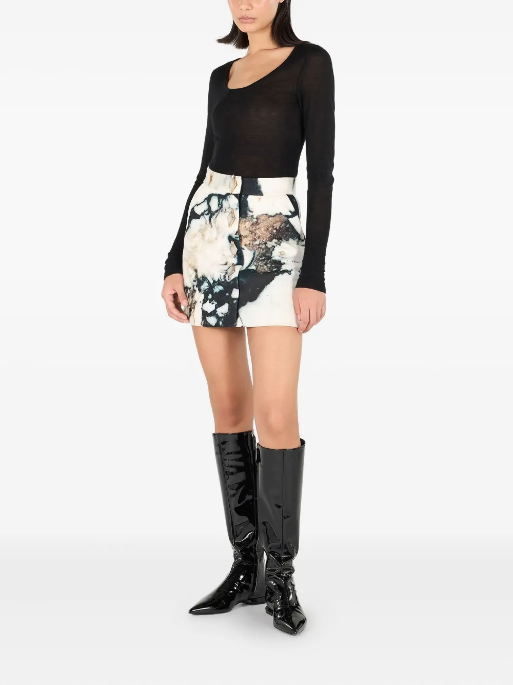 Roberto Cavalli Marble-print Button Mini Skirt In Neutral