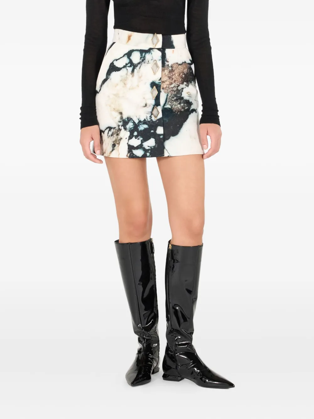 Roberto Cavalli Marble-print Button Mini Skirt In Neutral