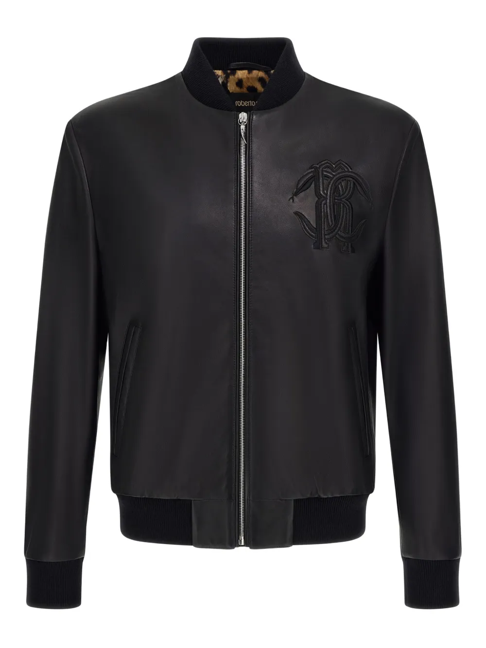Roberto Cavalli Embossed Leather Jacket In Black