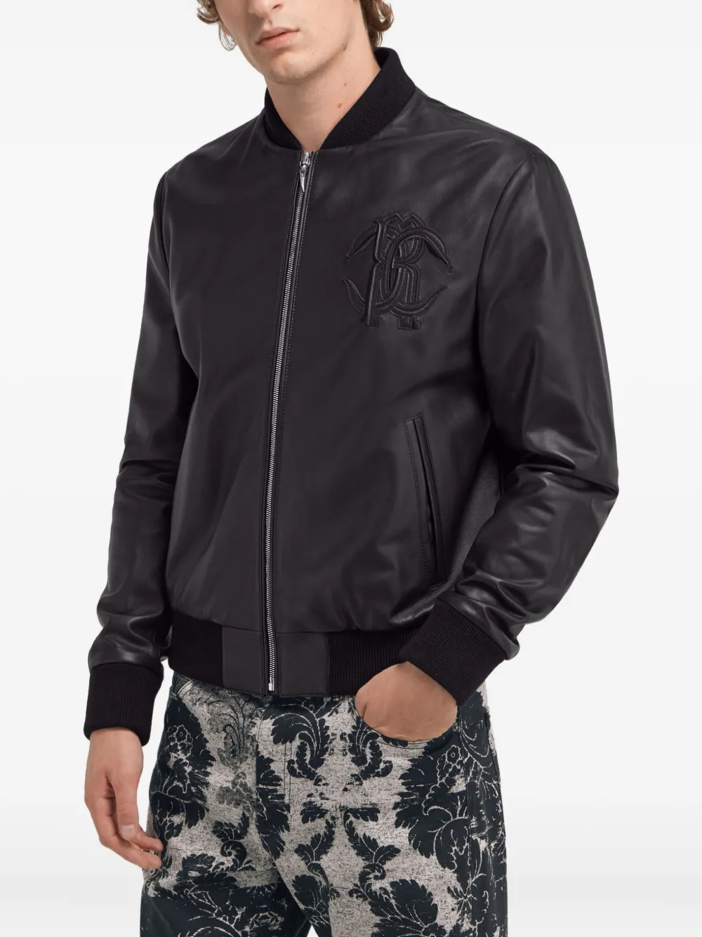 Roberto Cavalli Embossed Leather Jacket In Black