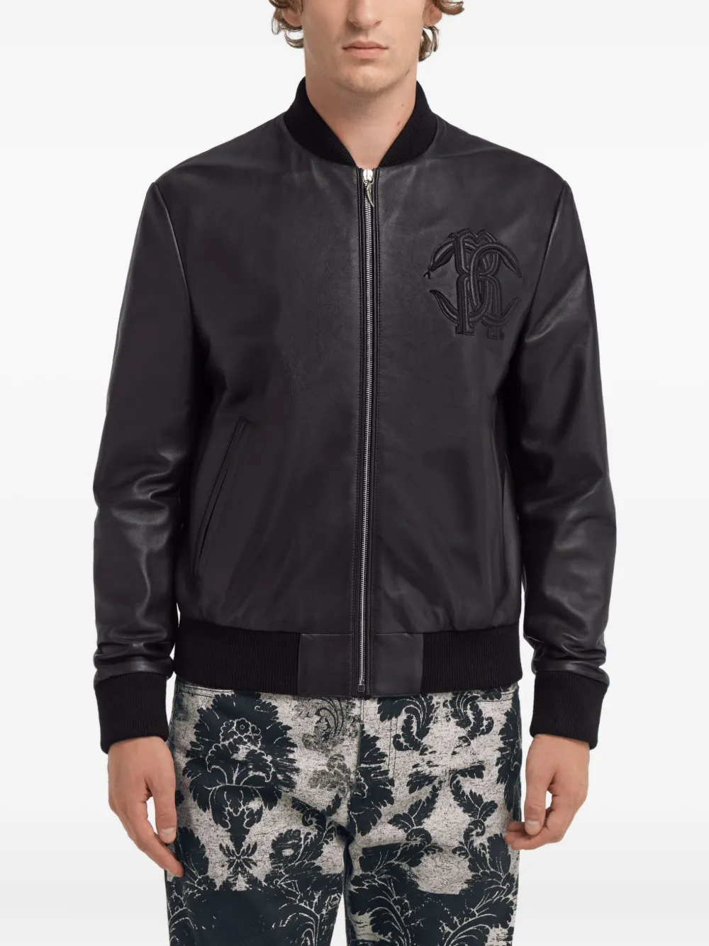 Roberto Cavalli Embossed Leather Jacket In Black
