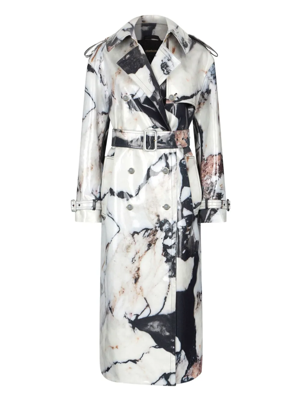 Roberto Cavalli marble-print double-breasted trench coat – Black