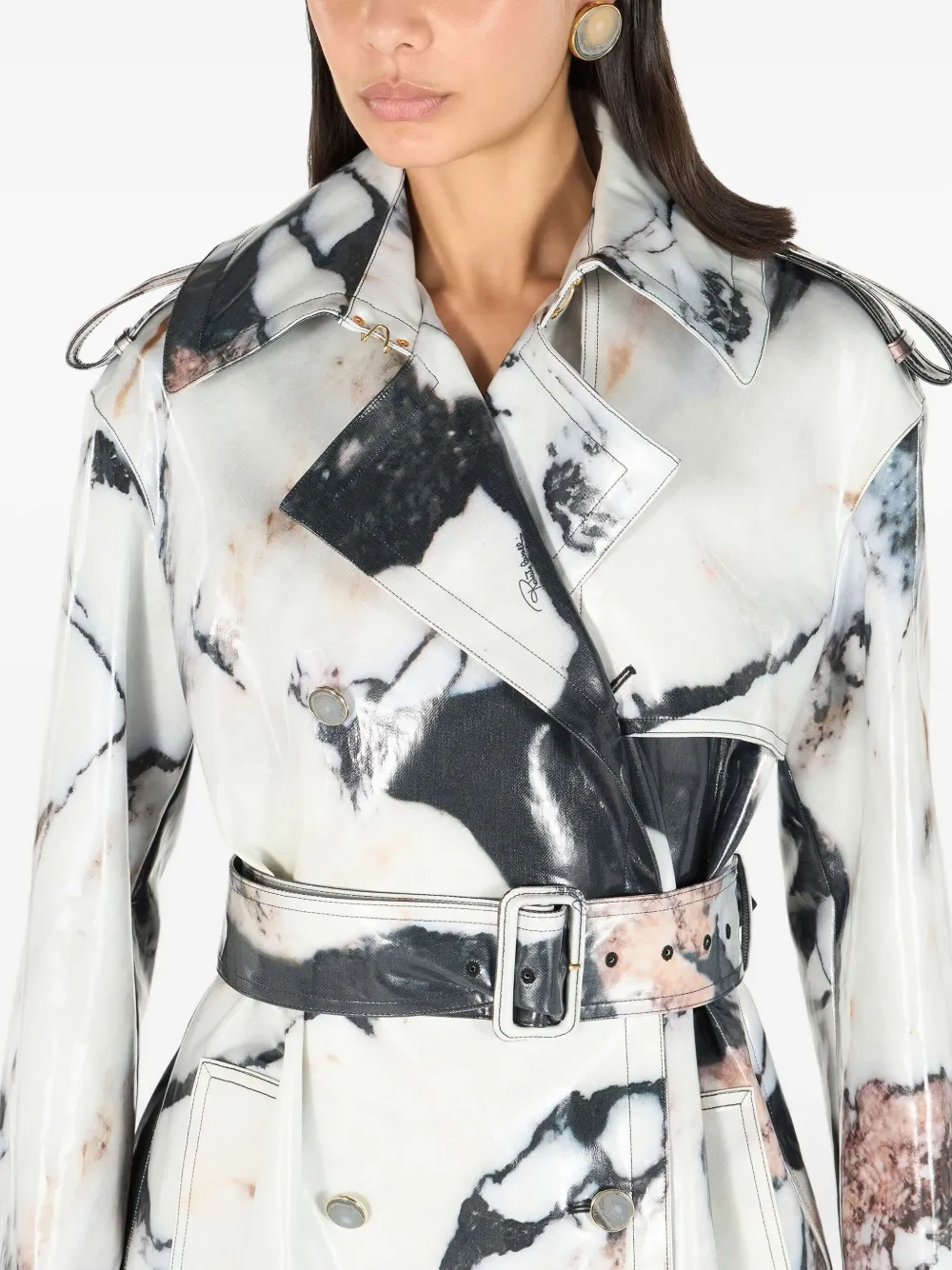 Roberto Cavalli Trenchcoat met dubbele rij knopen en marmerprint Zwart