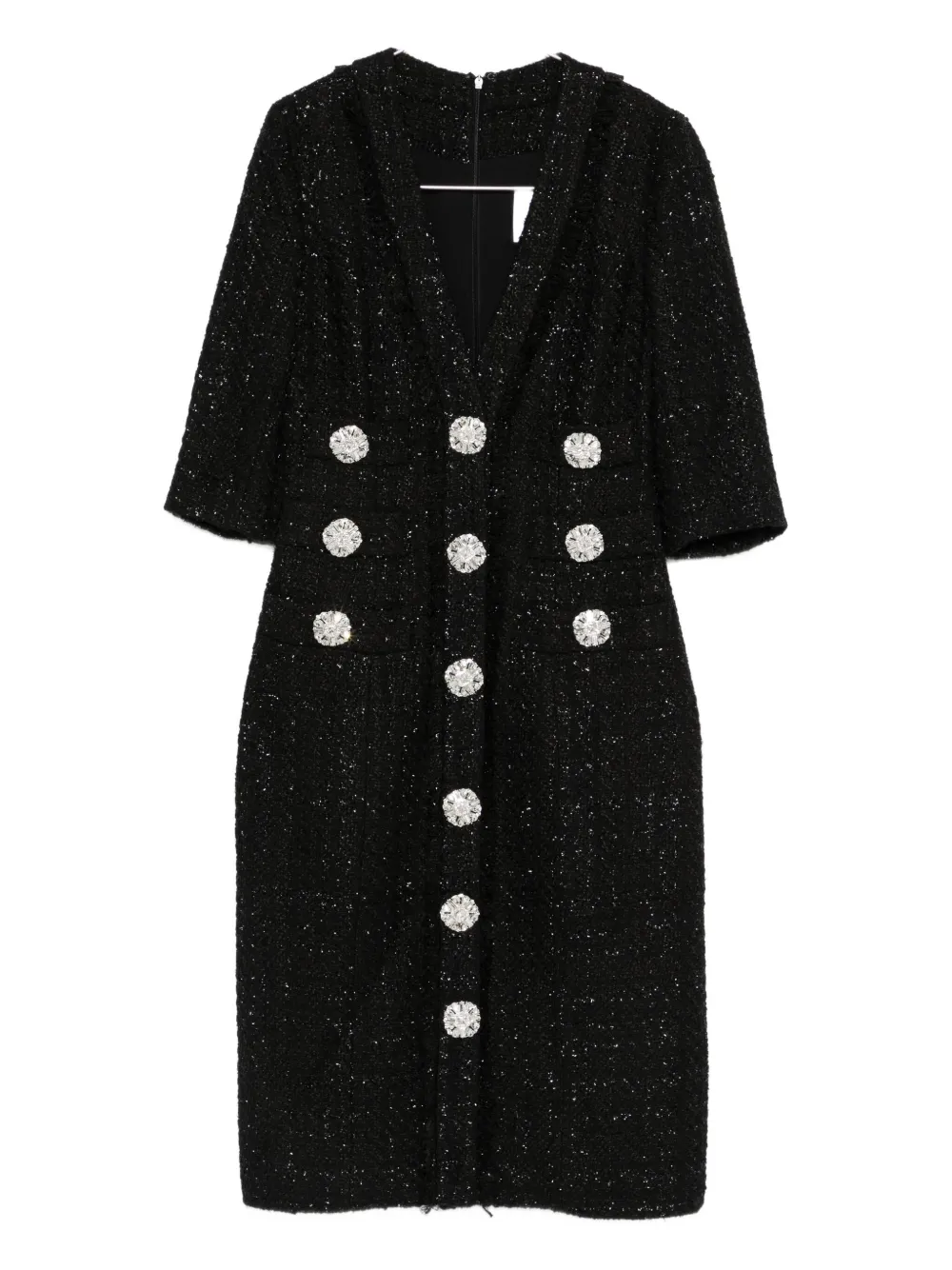 Costarellos V-neck Embellished-button Midi Dress In Black