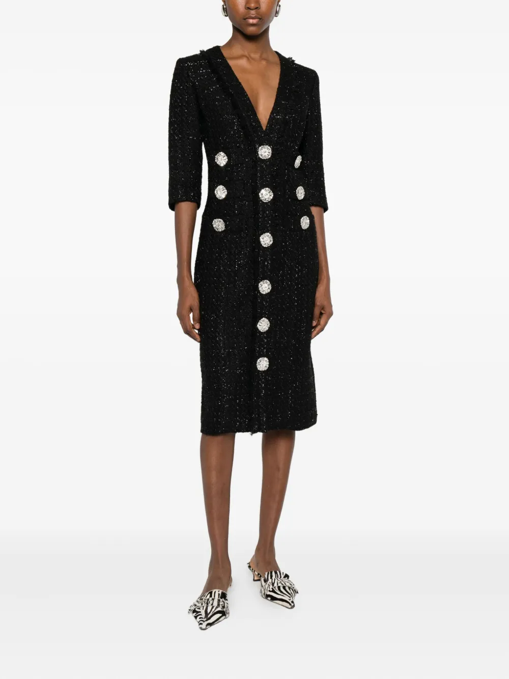 Costarellos V-neck embellished-button midi dress - Zwart