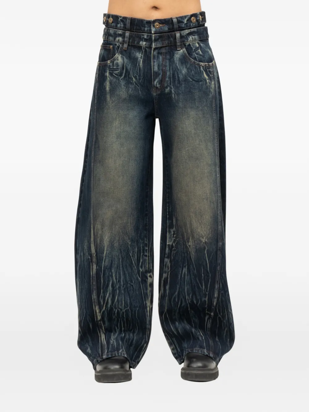 Feng Chen Wang tie-dye double-waistband jeans Blauw