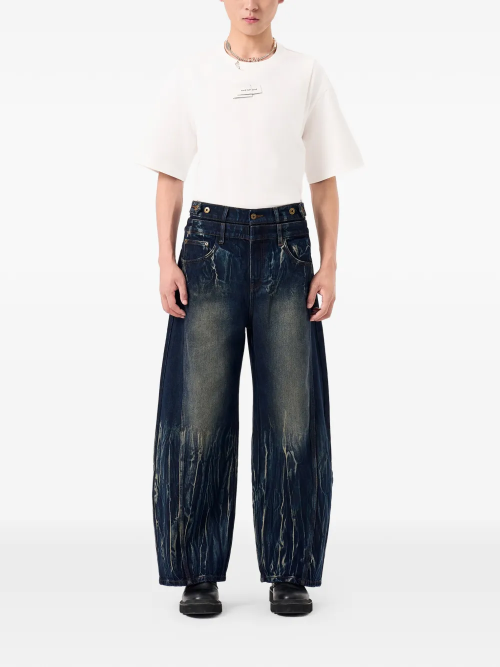 Feng Chen Wang tie-dye double-waistband jeans - Blauw