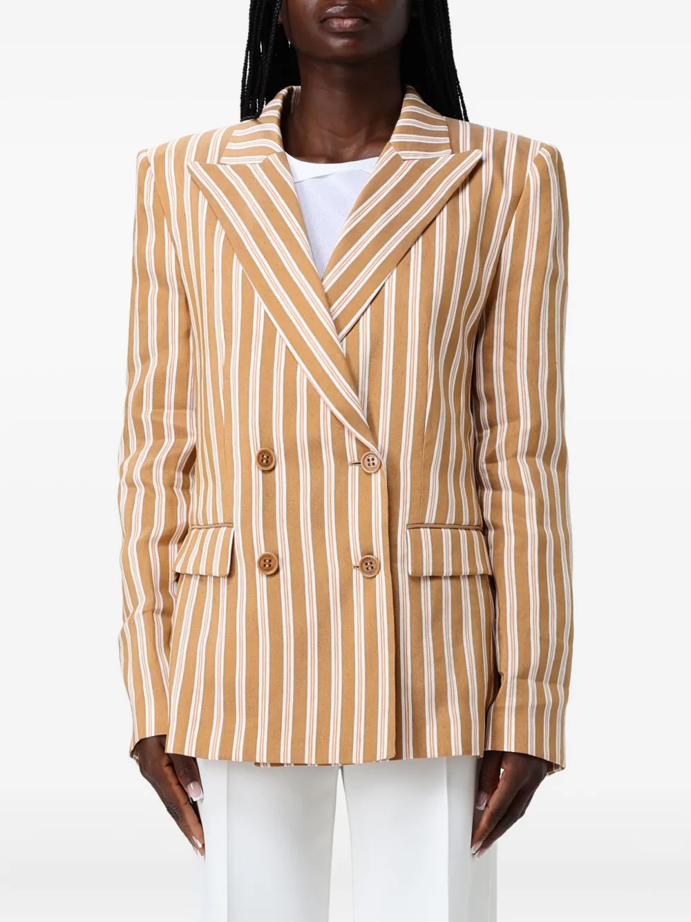 Alberta Ferretti Striped Double-breasted Blazer In Brown