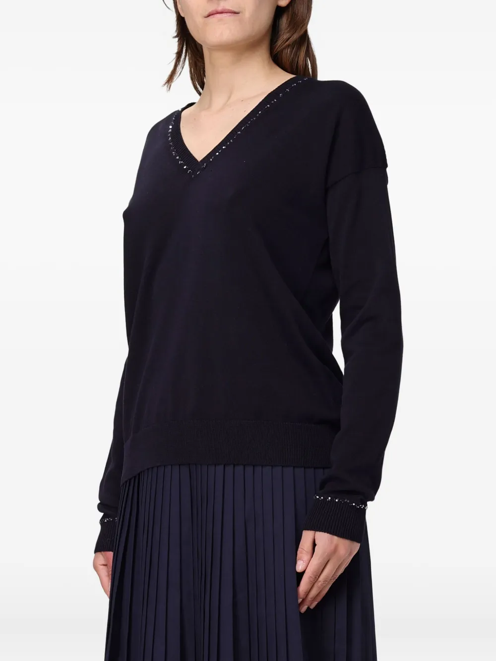 Fabiana Filippi Sweater verfraaid met kristallen en V-hals Blauw