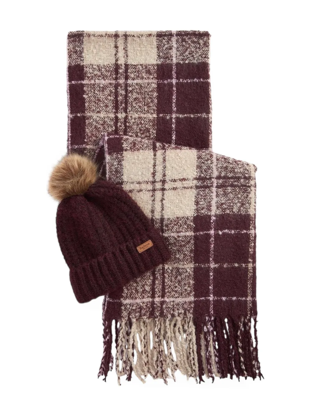 Barbour Saltburn checked beanie hat graiand scarf set | Red | Image 1