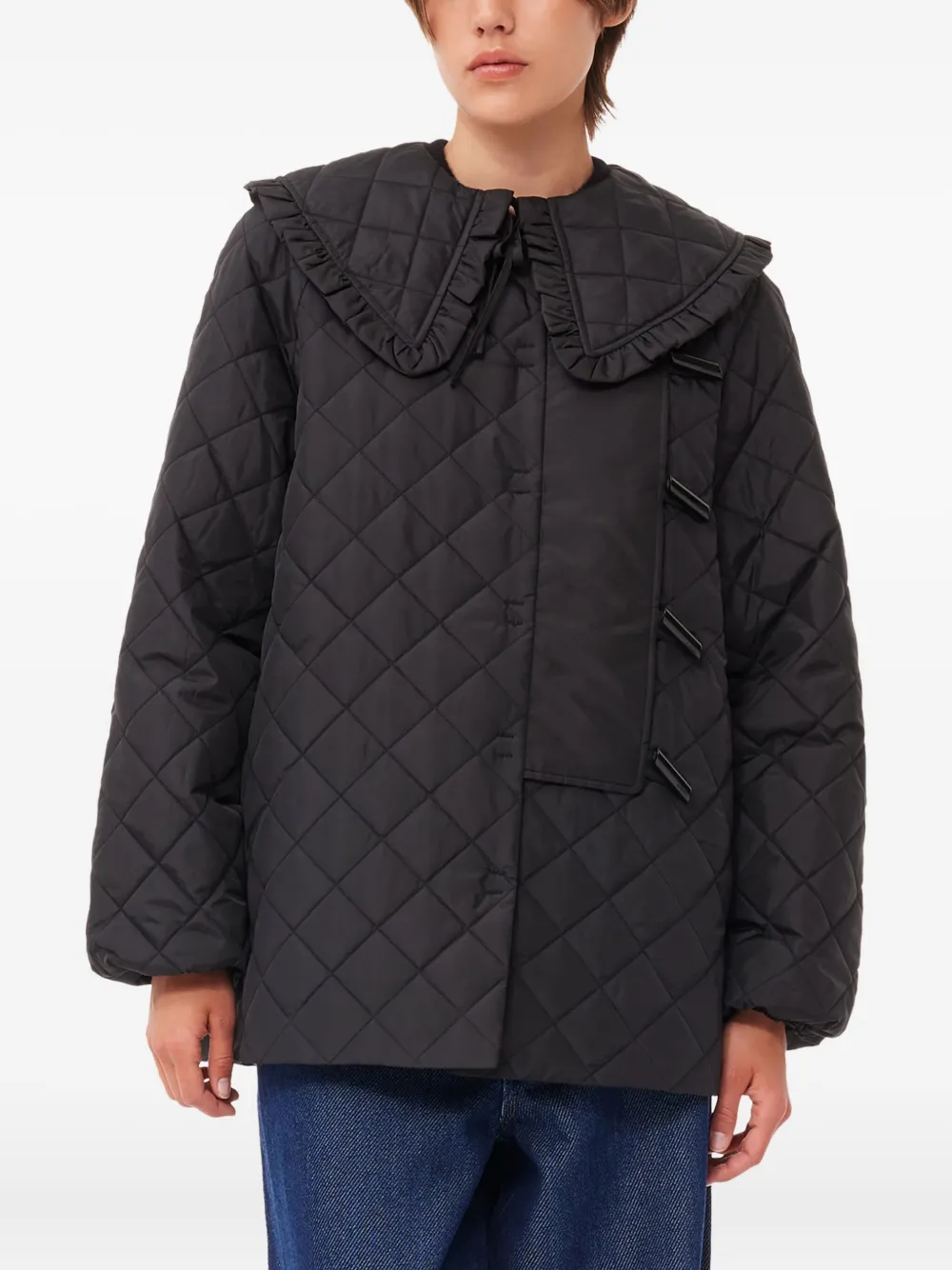 Ganni Ruffled Quilted Jacket In Blue