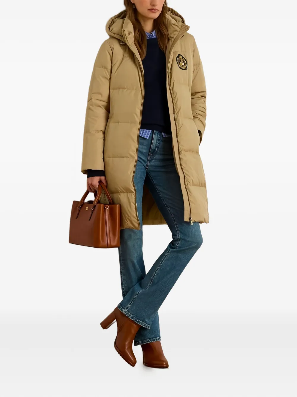 Ralph Lauren Hooded Quilted Crest-patch Coat In Brown