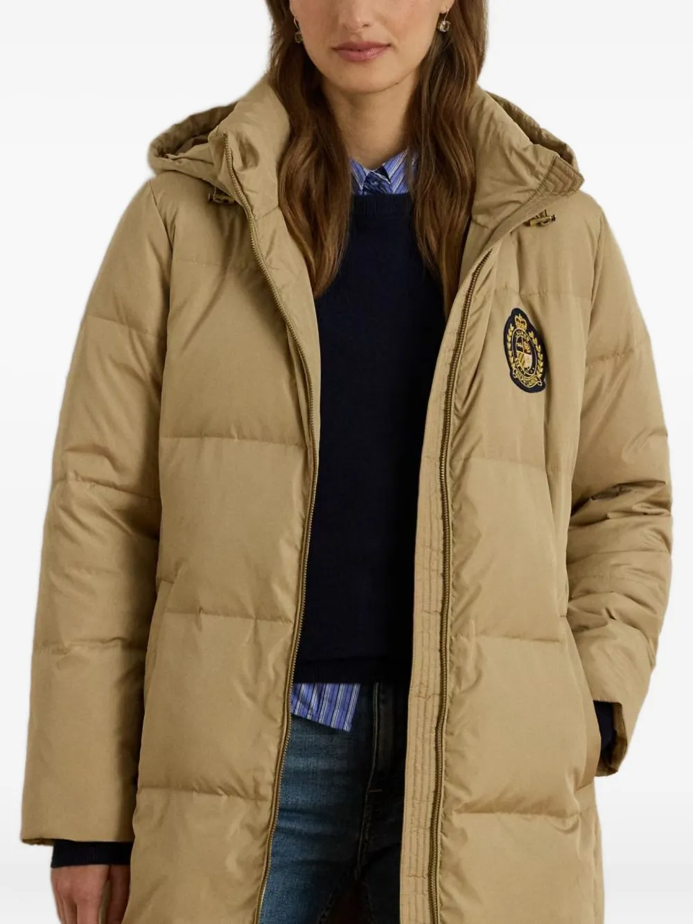 Ralph Lauren Hooded Quilted Crest-patch Coat In Brown