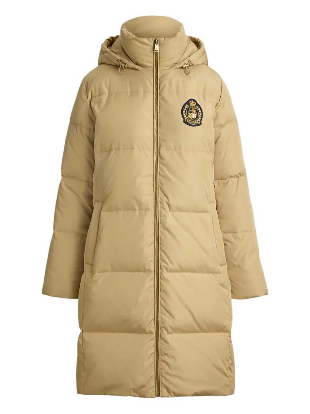Ralph Lauren Hooded Quilted Crest-patch Coat In Brown