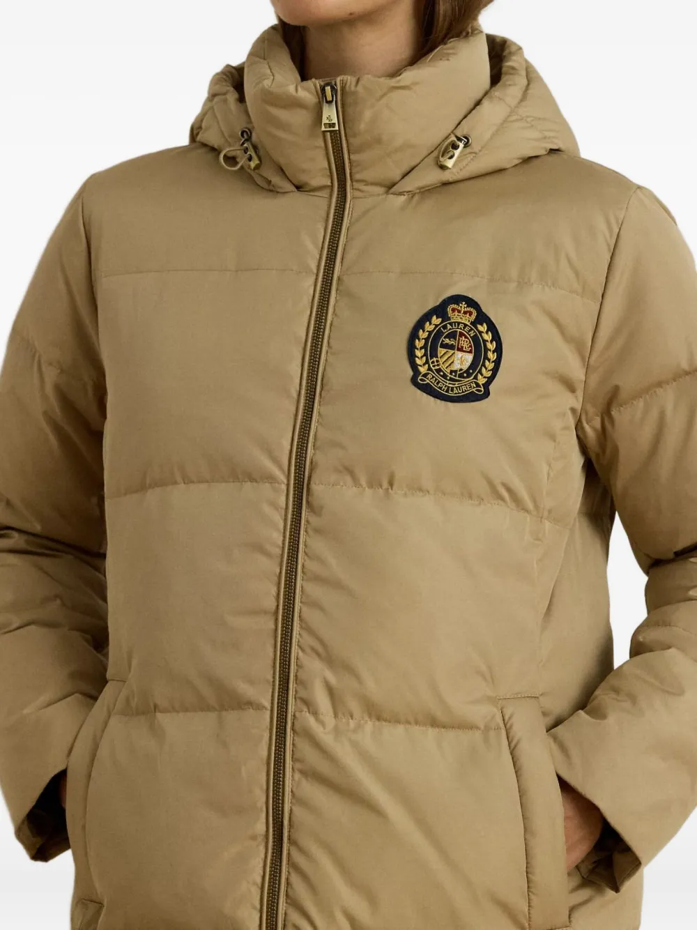 Ralph Lauren Hooded Quilted Crest-patch Coat In Brown