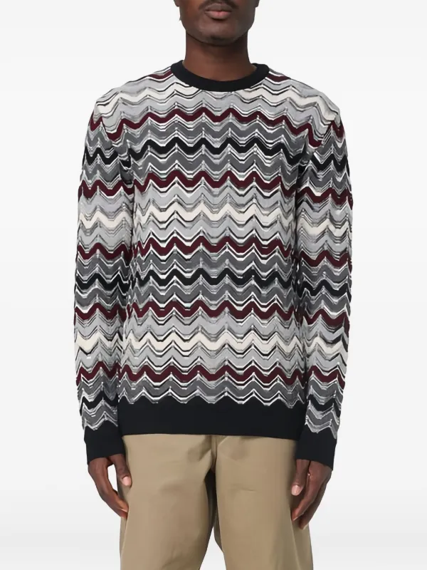 Missoni Crew Neck Sweater with Geometric Zigzag Pattern in Grey
