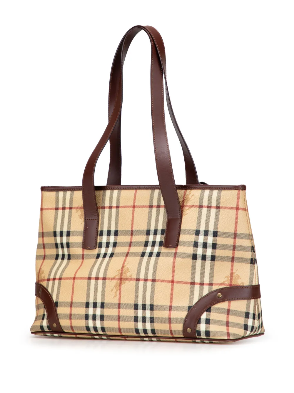 Pre-owned Burberry 2018-2025 Haymarket Check Coated Canvas Studded Tote Bag In Brown