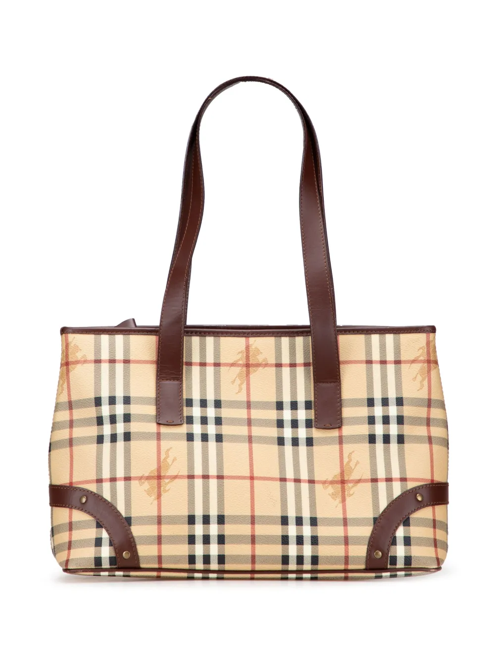 Pre-owned Burberry 2018-2025 Haymarket Check Coated Canvas Studded Tote Bag In Brown