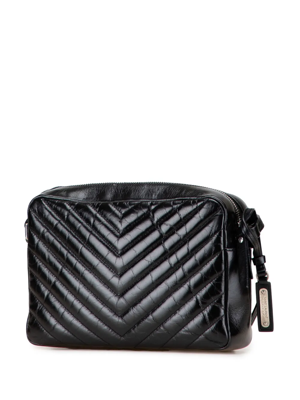 Pre-owned Saint Laurent 2017 Cracked Shiny Calfskin Matelasse Tassel Monogram Lou Camera Bag Crossbody Bag In Black