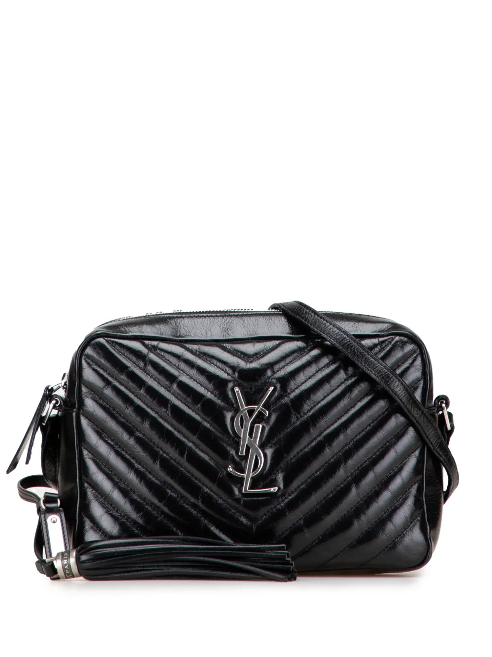 Pre-owned Saint Laurent 2017 Cracked Shiny Calfskin Matelasse Tassel Monogram Lou Camera Bag Crossbody Bag In Black