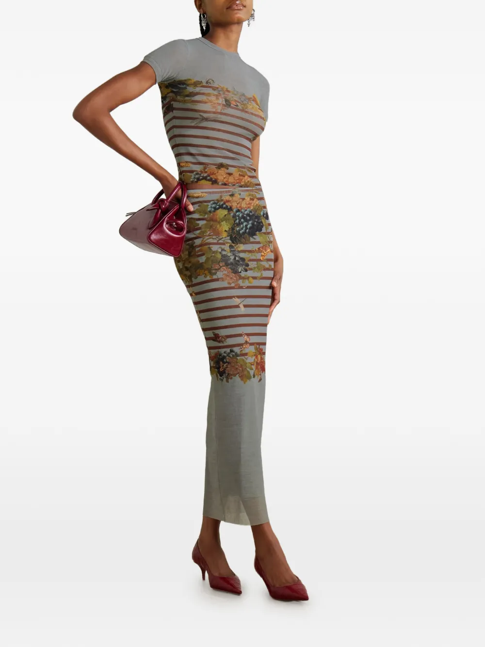  Jean Paul Gaultier Striped Floral Midi Skirt - Grey 