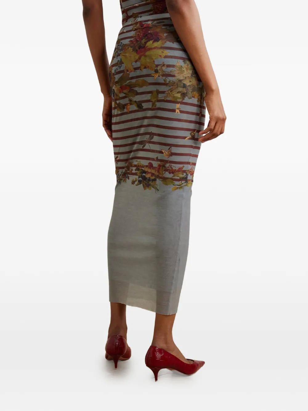  Jean Paul Gaultier Striped Floral Midi Skirt - Grey 