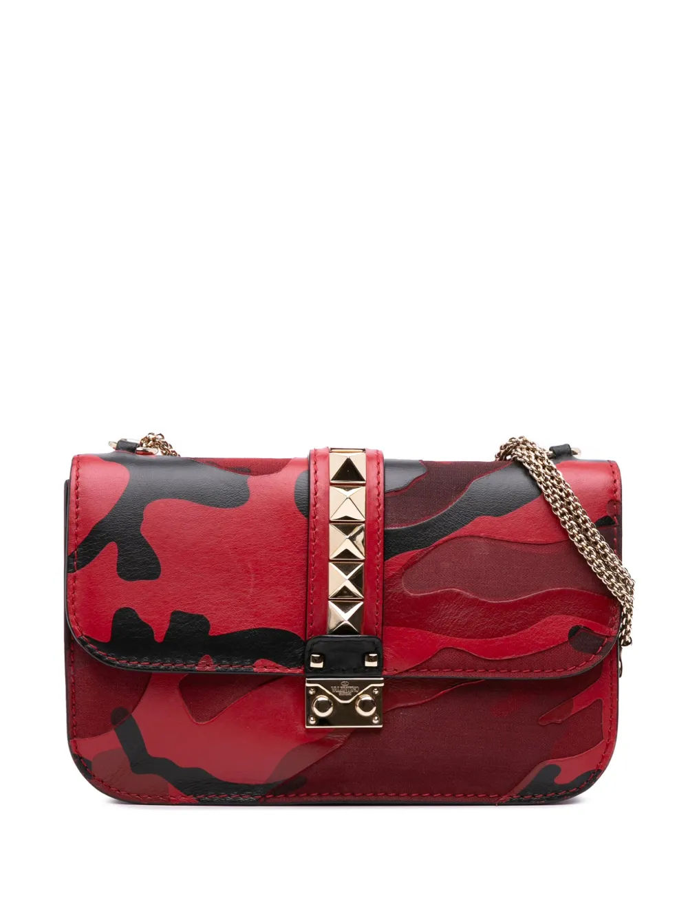 Pre-owned Valentino Garavani 2000-2017 Medium Nappa And Canvas Camouflage Rockstud Glam Lock Crossbody Bag In Red