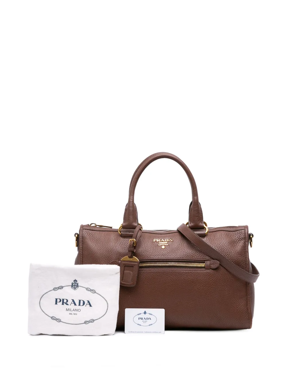 Pre-owned Prada 2013-2025 Vitello Phenix Zip Top Satchel In Brown