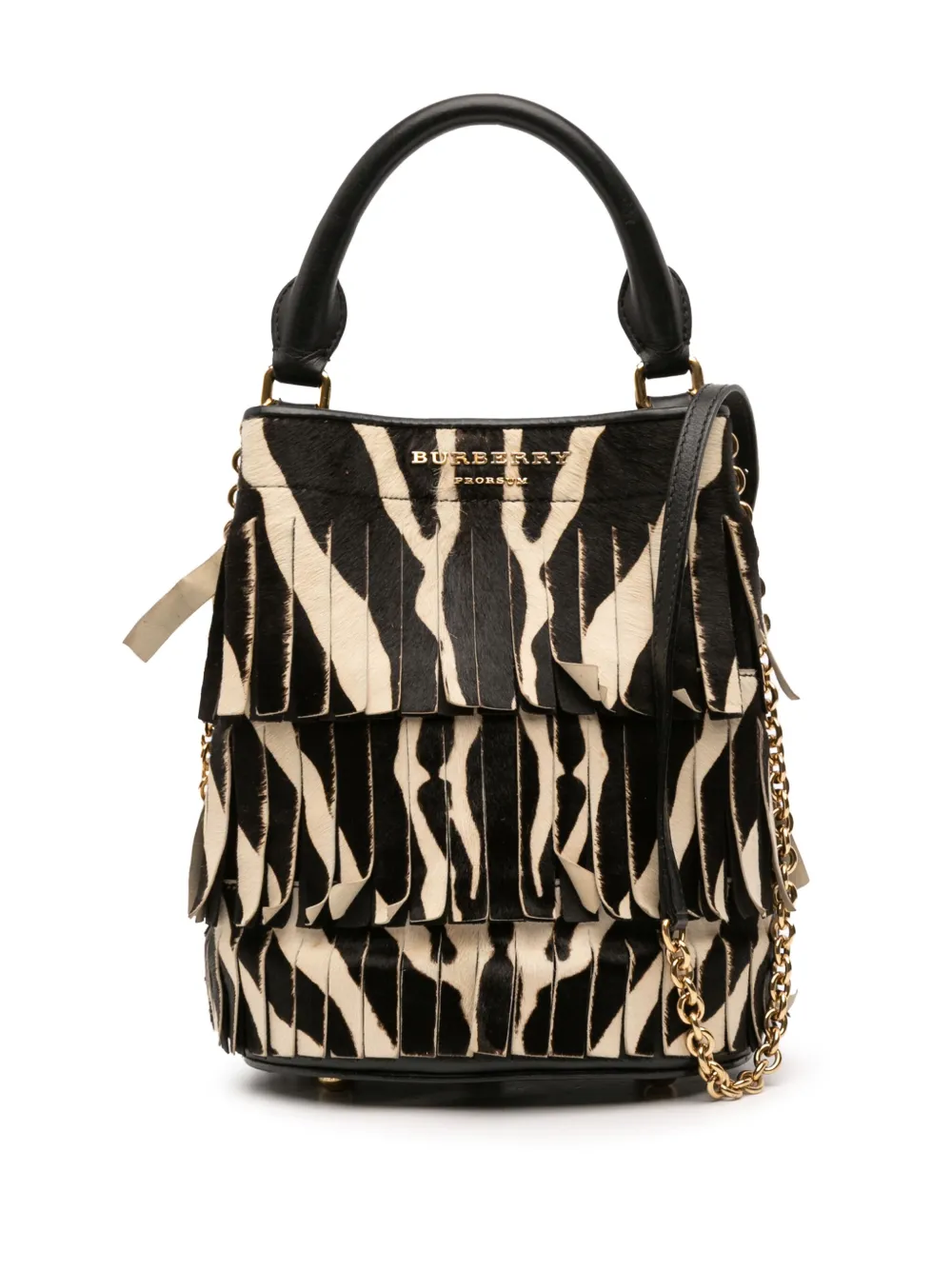 Pre-owned Burberry 2015 Prorsum Animal Printed Pony Hair And Leather Fringe Bucket Bag Satchel In Black