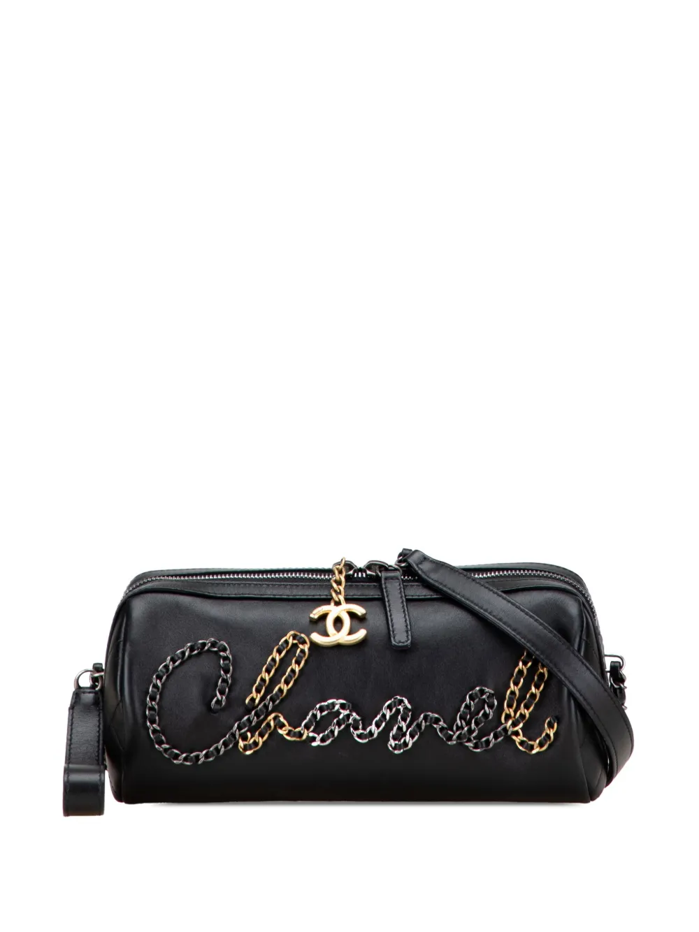 Pre-owned Chanel 2019 Calfskin Signature Chain Signe Bowling Bag Crossbody Bag In Black