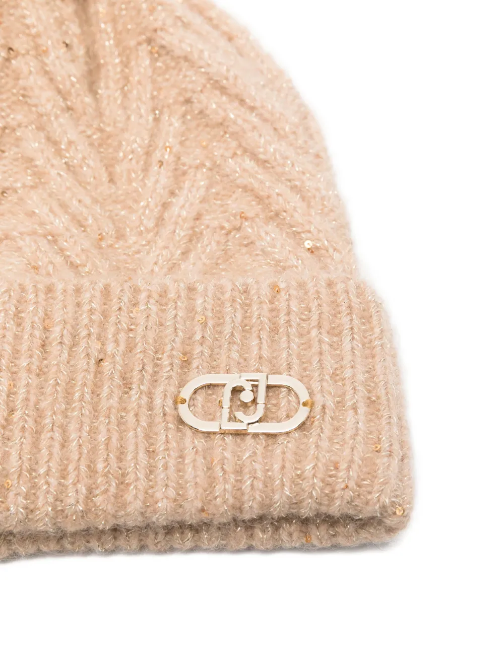 Liu •jo Pompom-detail Logo-plaque Beanie In Neutral