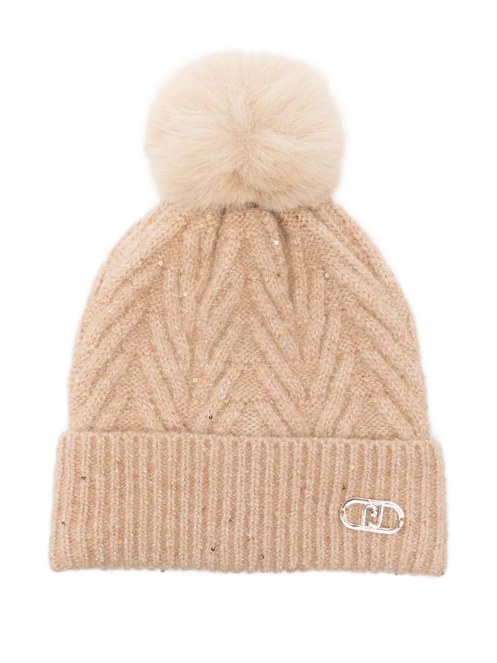 Liu •jo Pompom-detail Logo-plaque Beanie In Neutral