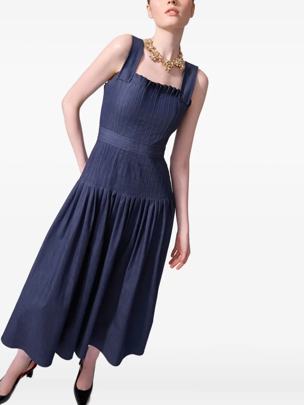 Carolina Herrera Pleated Denim Midi Dress In Blue