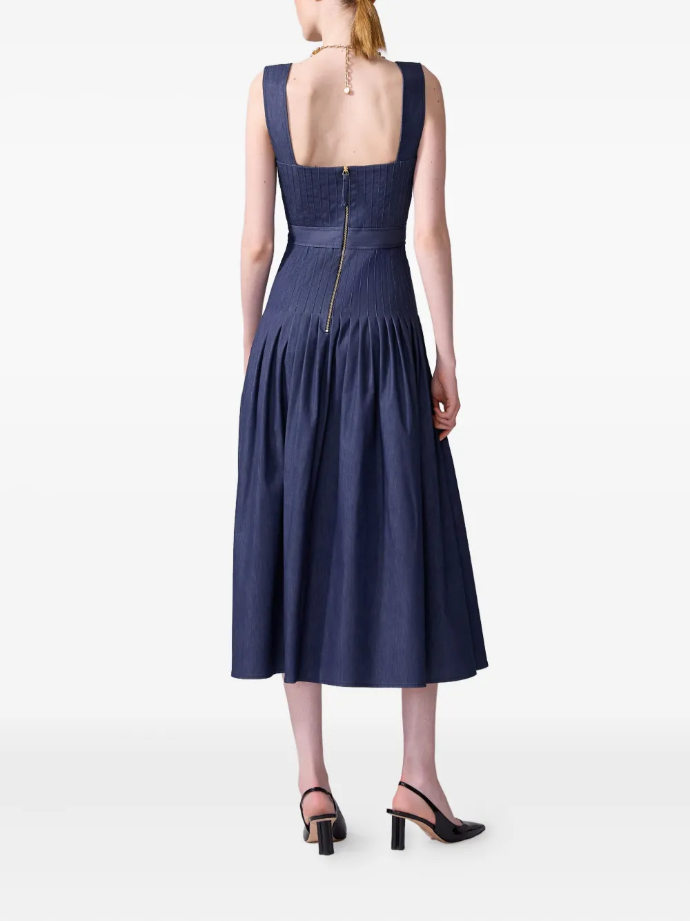 Carolina Herrera Pleated Denim Midi Dress In Blue