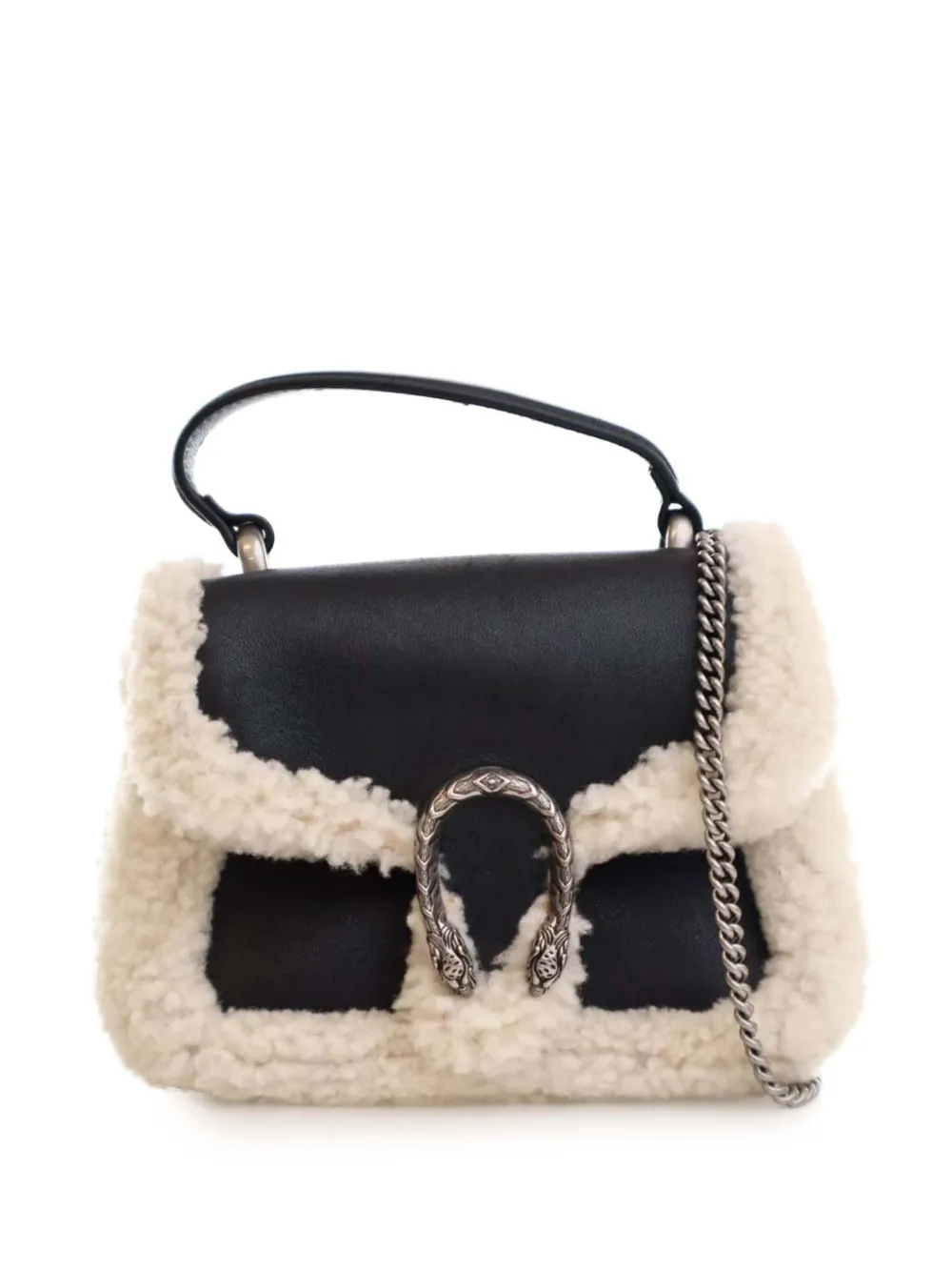 Pre-owned Gucci 2016-2025 Mini Leather And Shearling Dionysus Top Handle Bag Satchel In Black
