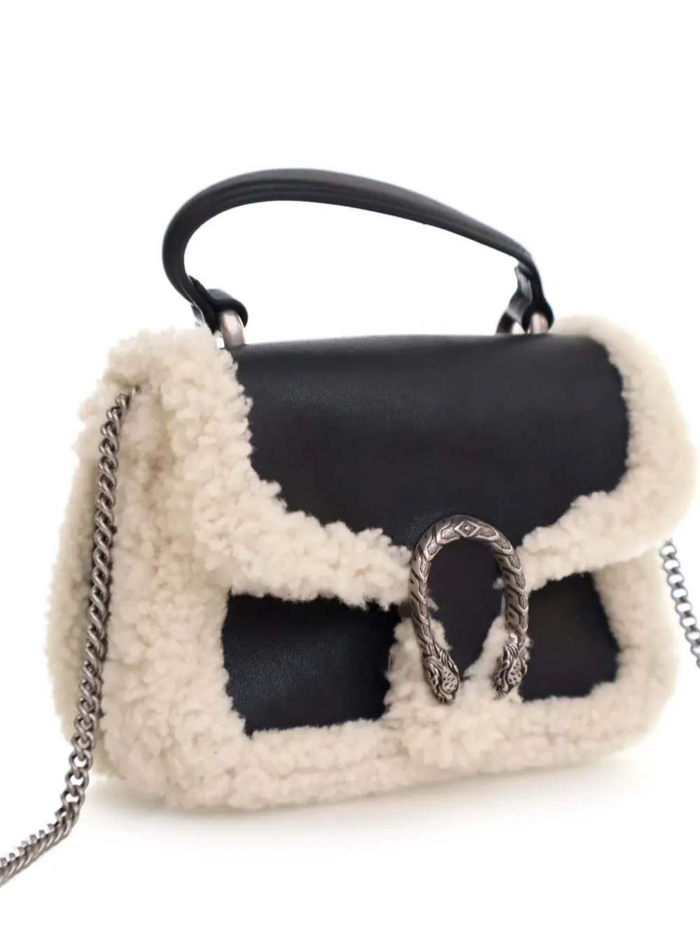 Pre-owned Gucci 2016-2025 Mini Leather And Shearling Dionysus Top Handle Bag Satchel In Black