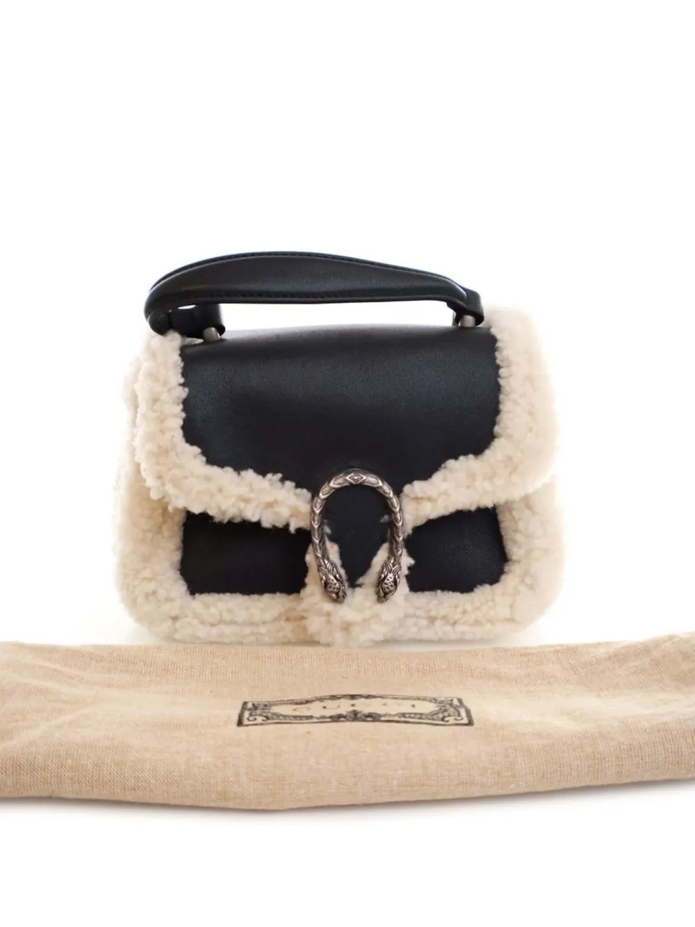Pre-owned Gucci 2016-2025 Mini Leather And Shearling Dionysus Top Handle Bag Satchel In Black