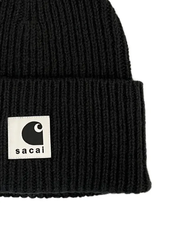 Sacai X Carhartt WIP Ribbed Logo Beanie Hat | Black | FARFETCH
