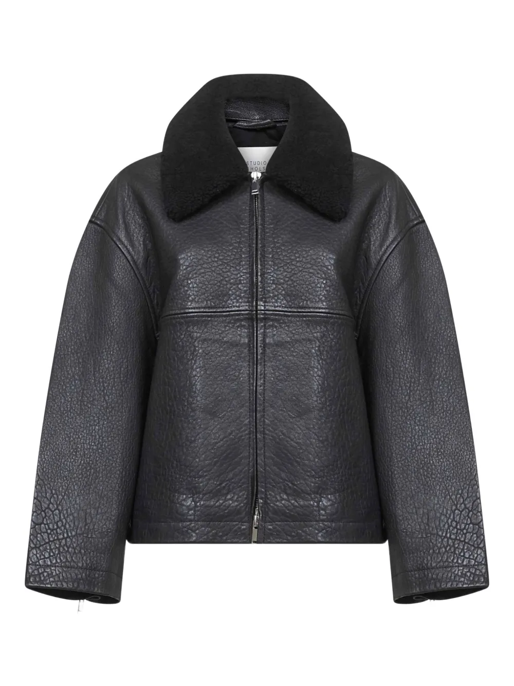 Studio Nicholson Erie Shearling-collar Zip-up Leather Coat In Black