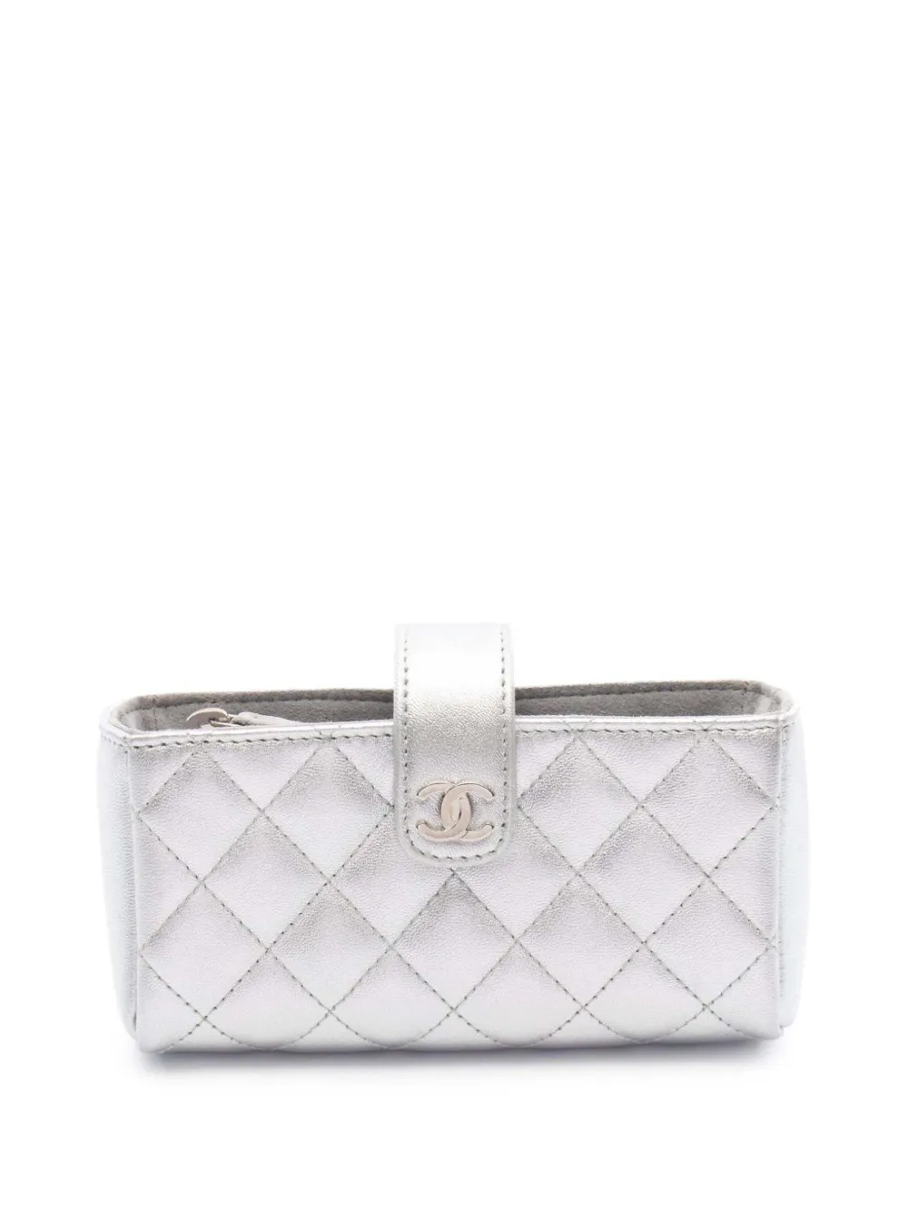 Pre-owned Chanel 2013-2014 Mini Quilted Metallic Lambskin Phone Holder Clutch Pouch In Silver