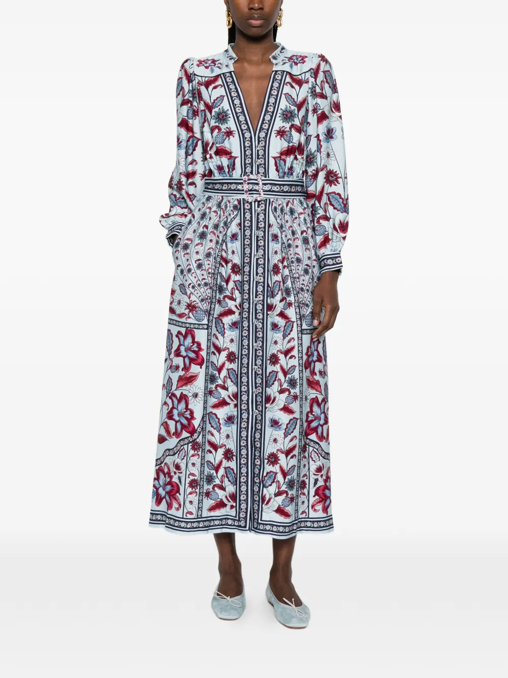 FARM Rio Marcelle midi-jurk met bloemen-print en ceintuur Blauw