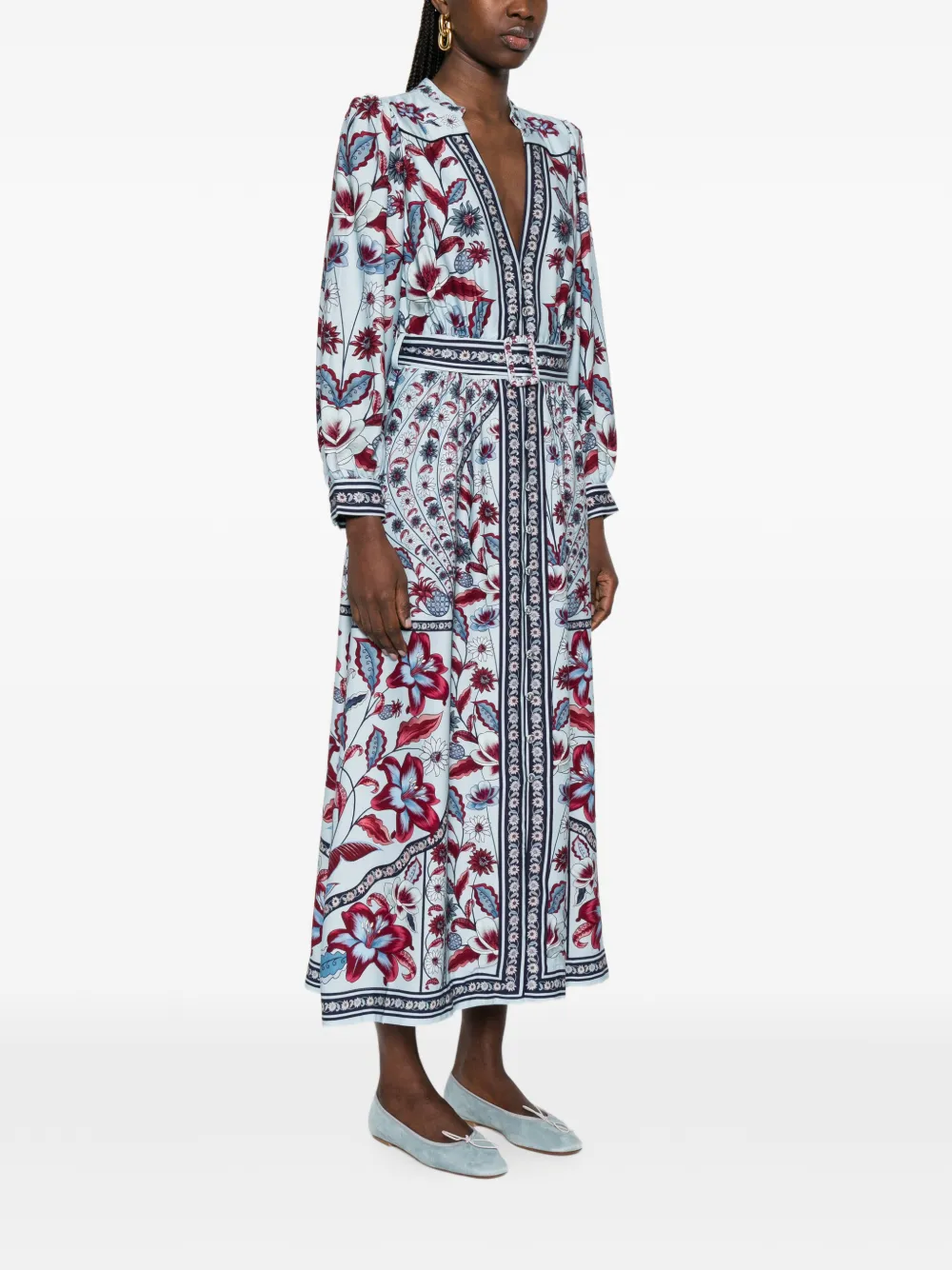 FARM Rio Marcelle midi-jurk met bloemen-print en ceintuur Blauw