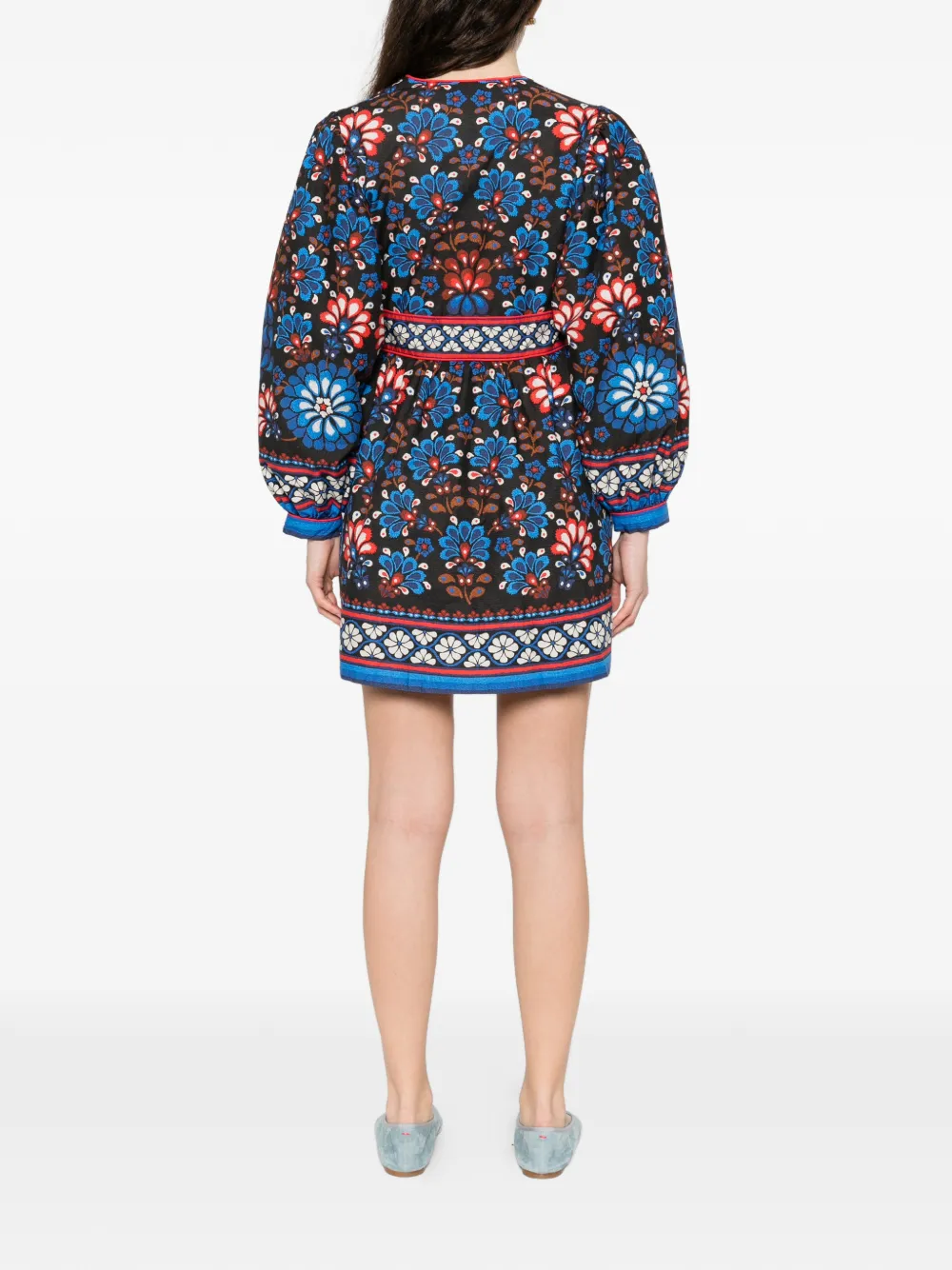 Farm Rio Black Latina Scarf Puff Sleeve Organic Cotton Mini Dress In Blue