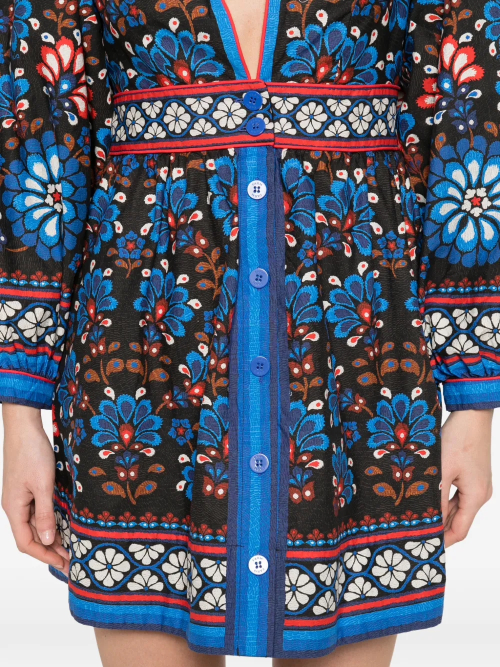 Farm Rio Black Latina Scarf Puff Sleeve Organic Cotton Mini Dress In Blue