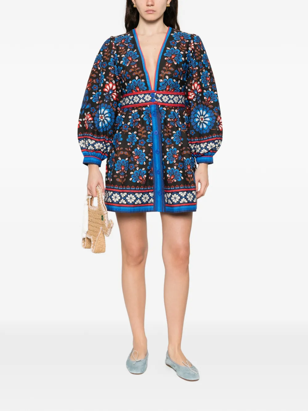 Farm Rio Black Latina Scarf Puff Sleeve Organic Cotton Mini Dress In Blue