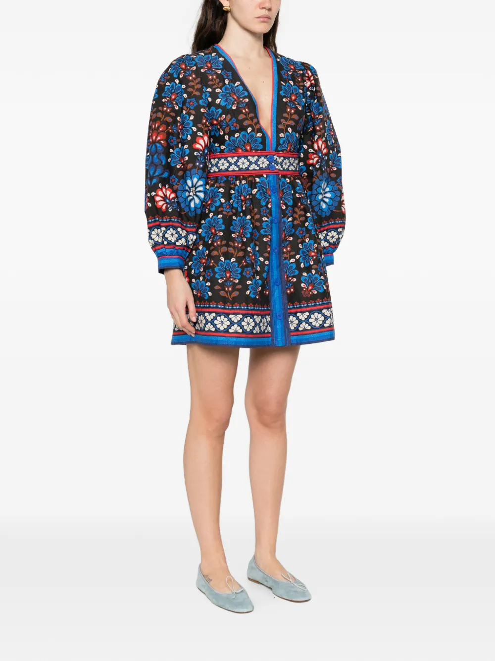 Farm Rio Black Latina Scarf Puff Sleeve Organic Cotton Mini Dress In Blue