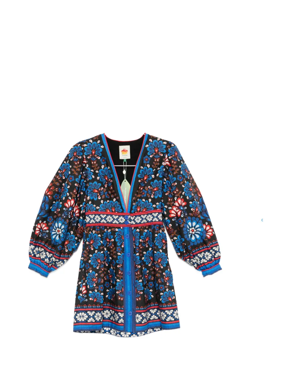 Farm Rio Black Latina Scarf Puff Sleeve Organic Cotton Mini Dress In Blue