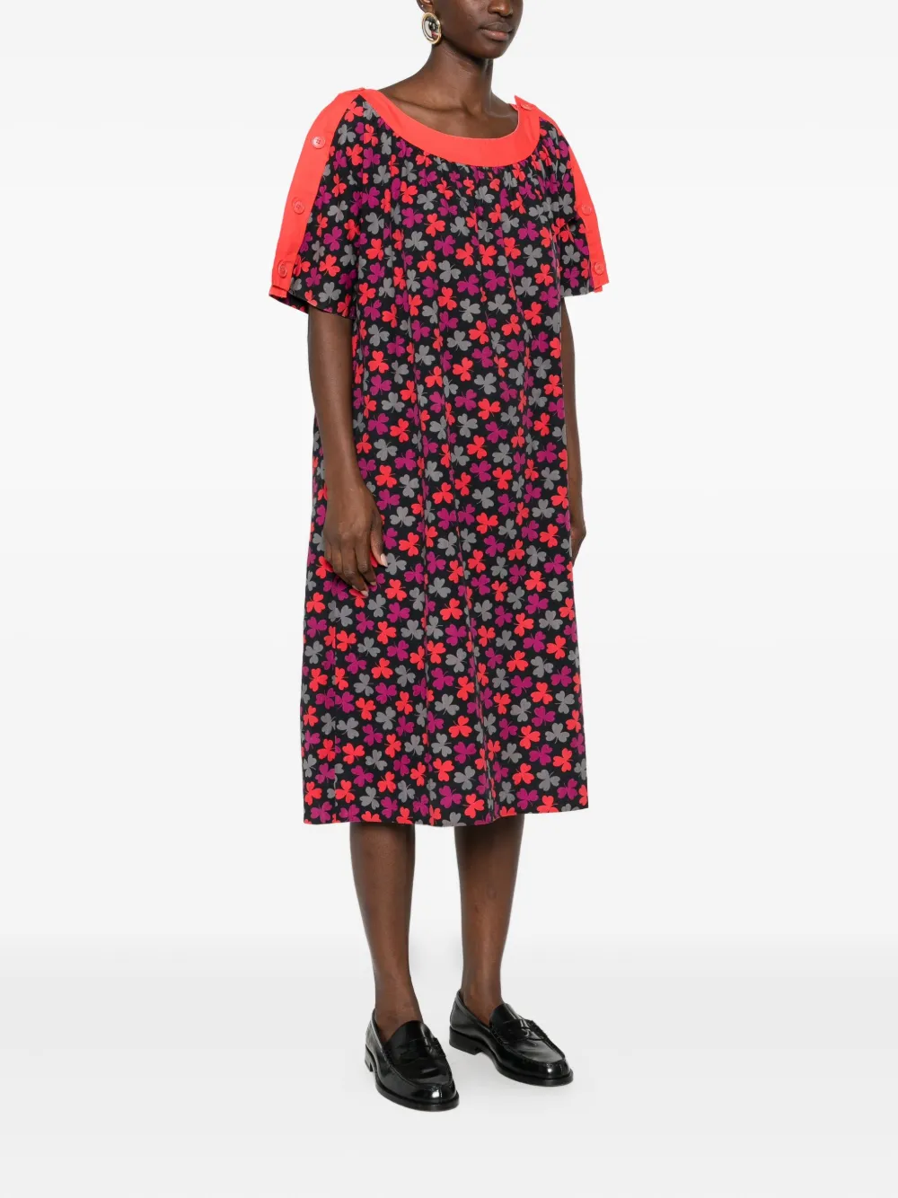 Pre-owned Celine 1990s Clover-print Midi Dress In Black